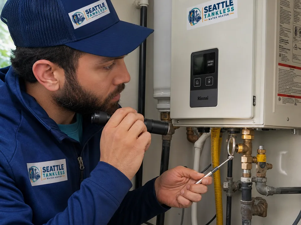 Technician inspecting water heater relief valve, supply connections, and venting with a flashlight and inspection mirror