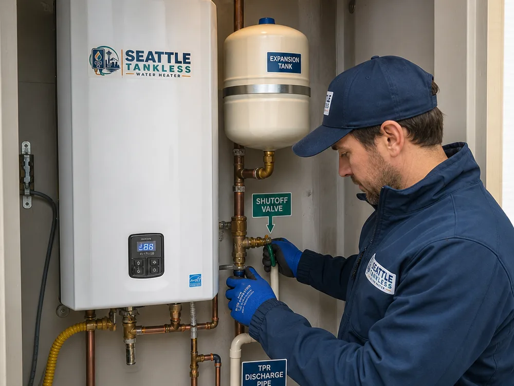 Neatly installed water heater with labeled shutoff valve, expansion tank, and properly routed TPR discharge piping in a compact Seattle mechanical closet