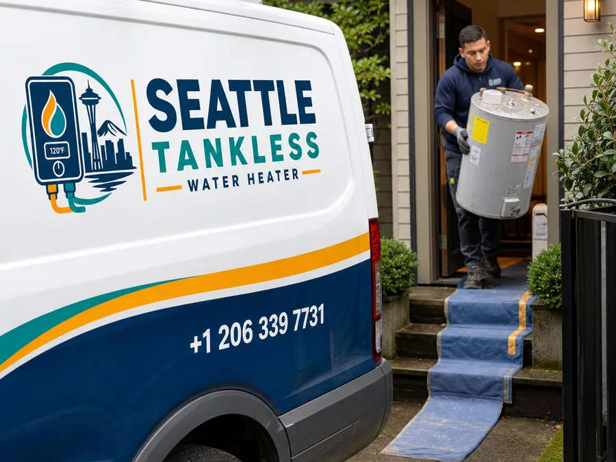 Technician carrying an old water heater out of a Seattle home with floor protection in place along the path